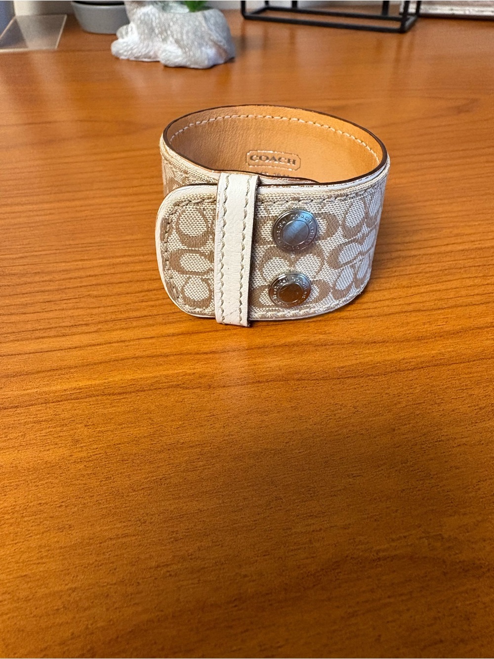 Coach Beige Signature Canvas Wide Cuff Bracelet with Silver Snaps